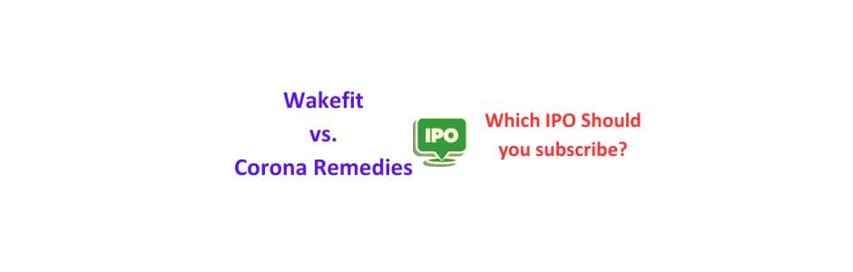 Comparison graphic showing Wakefit mattress on left and Corona Remedies medicine packaging on right with a VS symbol, representing the IPO clash