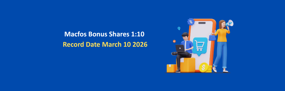 Macfos Limited office exterior with bonus shares announcement banner and rising stock chart