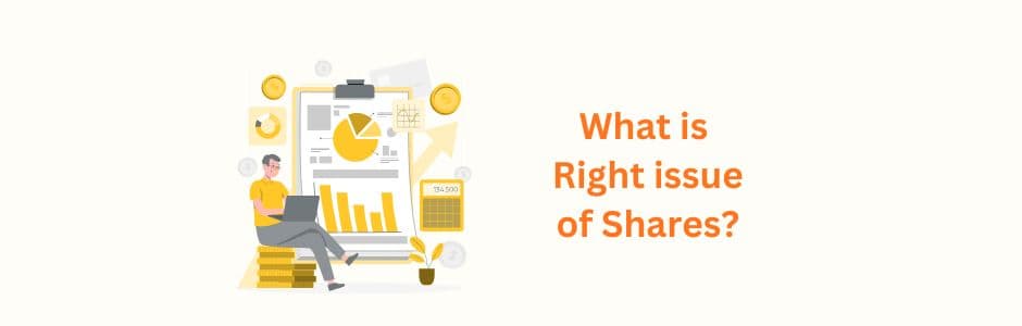 Illustration showing shareholders investing in Right Issue of shares with company documents and stock market background.