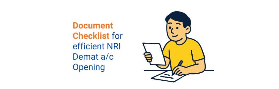 Checklist for NRI Demat account opening with JM Financial Services showing passport, PAN, and NRE bank proof