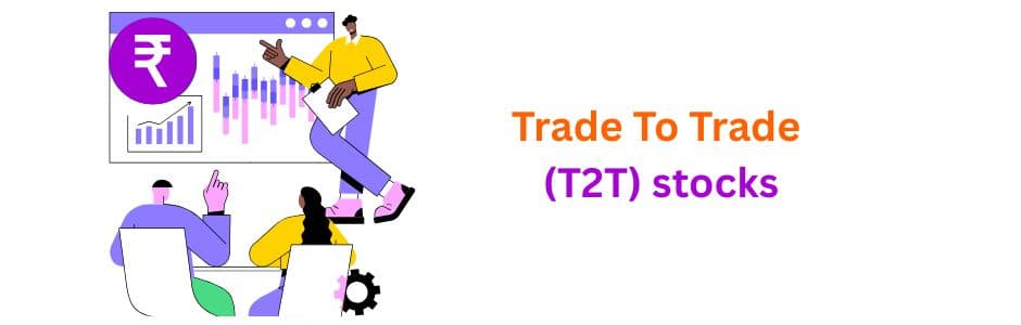 Stock market chart showing Trade to Trade (T2T) stocks with a delivery-based trading concept illustrated alongside JM Financial Services logo