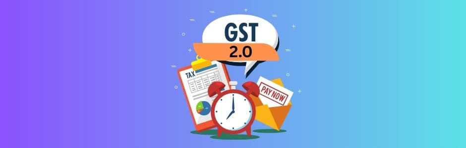 Chart visualizing the GST 2025 slabs (5%, 18%, 40%) with icons for agriculture, manufacturing, households, luxury goods, and JM Financial Services dashboard showing sectoral impact.