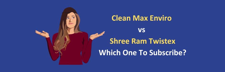Side by side comparison graphic showing Clean Max Enviro solar wind farm and Shree Ram Twistex cotton yarn spindles for IPO choice