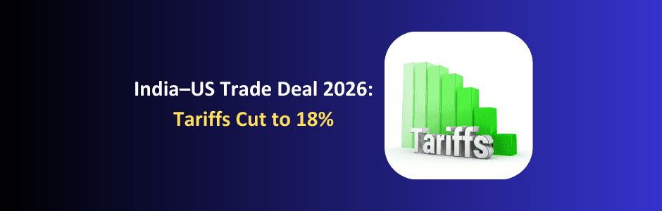 Infographic-style graphic showing US tariff rate dropping from 50 percent to 18 percent on Indian goods