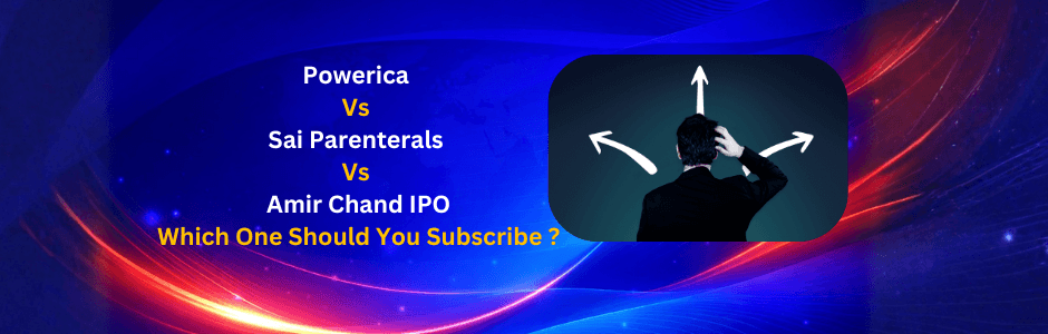 Comparison infographic showing Powerica, Sai Parenterals and Amir Chand IPO key details side by side