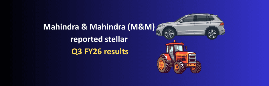 Stock price chart of M&M rising after Q3 FY26 earnings announcement with SUV and tractor volumes