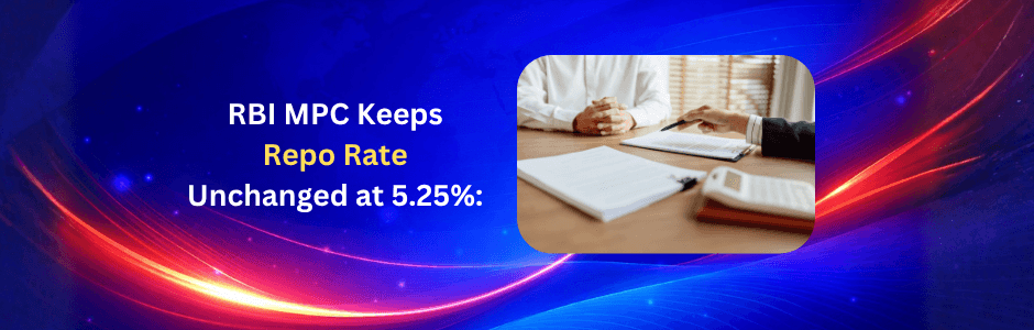 RBI Monetary Policy Committee meeting showing repo rate unchanged at 5.25%, GDP forecast revision, inflation warning and neutral stance announcement